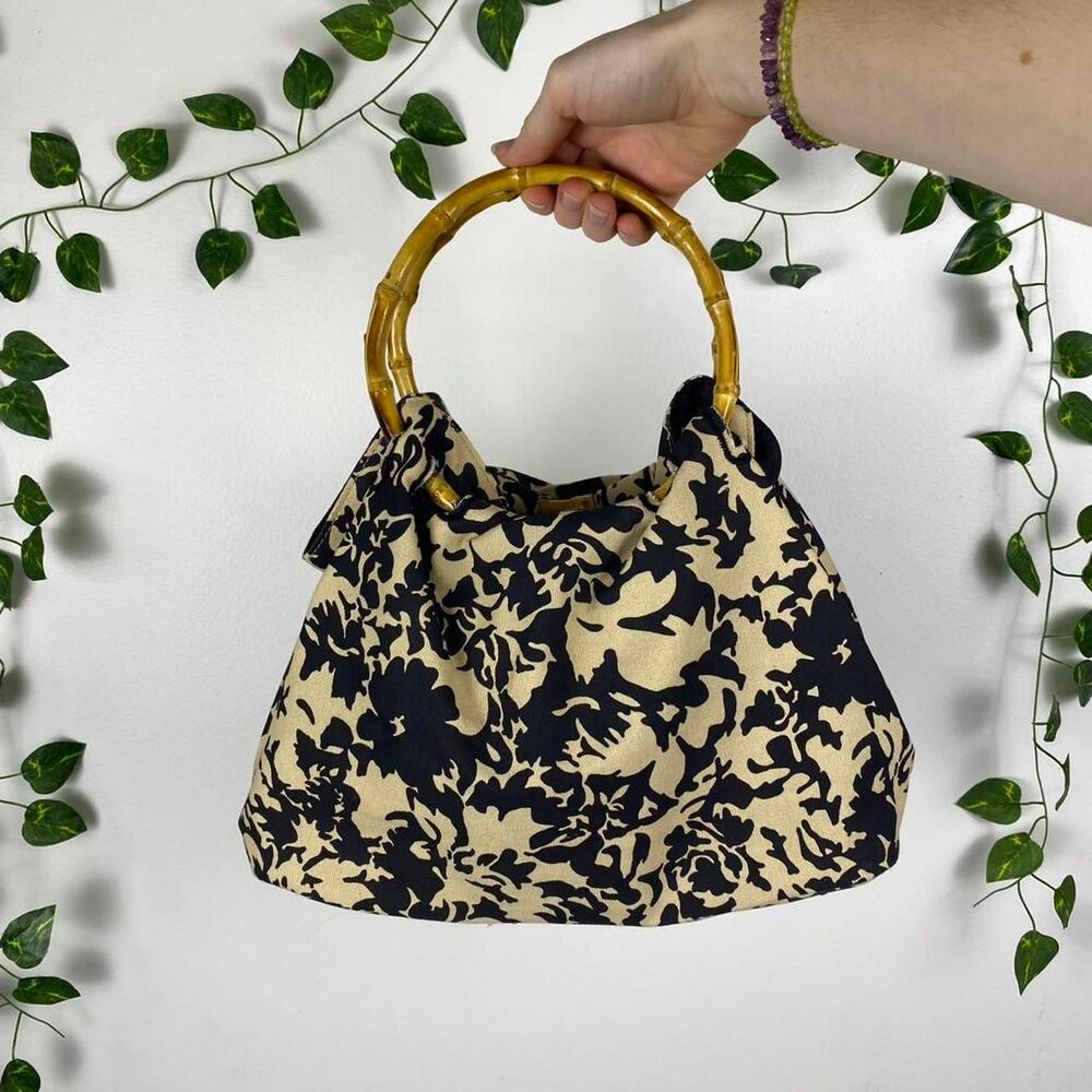 Avon vintage artsy bamboo handle floral print 100% cotton handbag boho chic glam